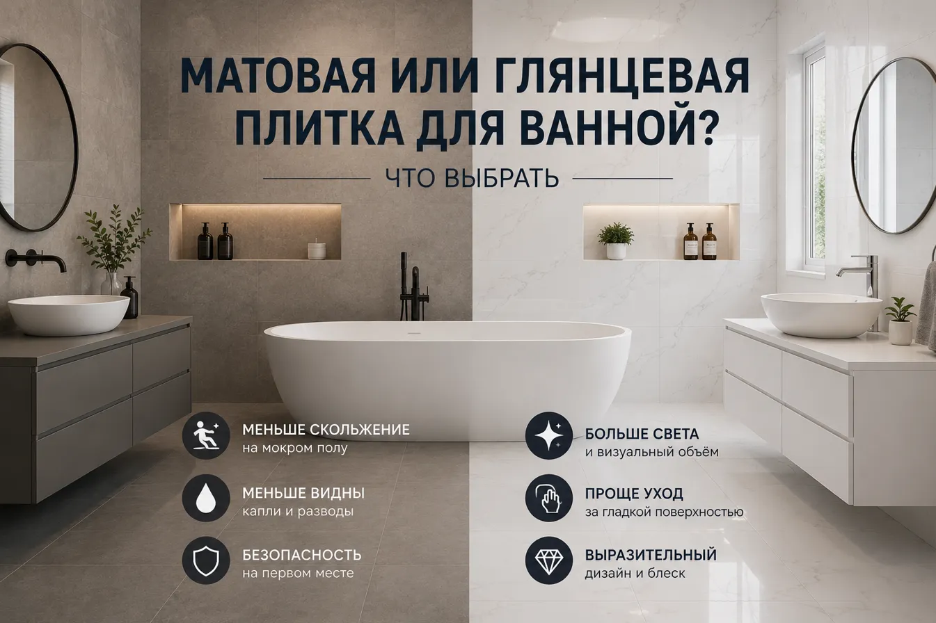 Матовая или глянцевая плитка для ванной: что выбрать Матовая и глянцевая плитка для ванной — сравнение поверхностей